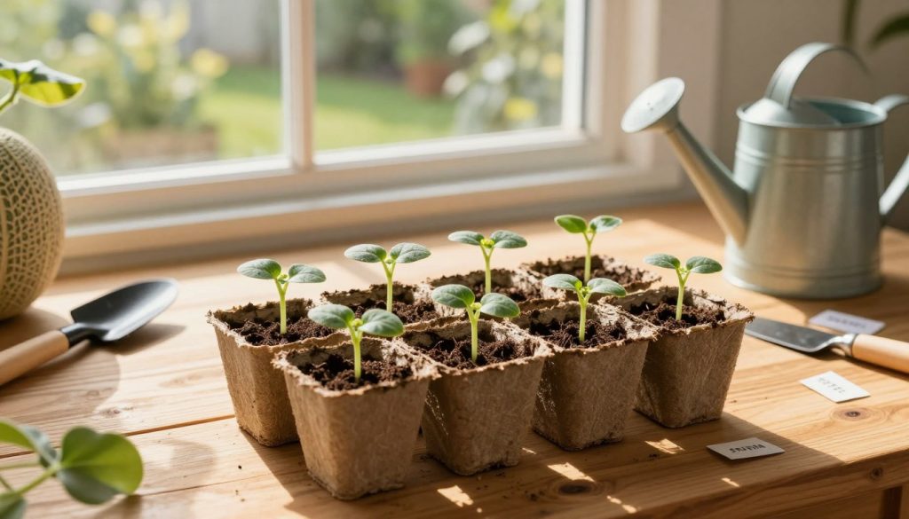 A beautifully arranged cantaloupe seed starting setup is the focal point of the image. In the foreground, a set of small biodegradable seedling pots filled with rich soil, showing the tiny green sprouts of cantaloupe emerging, their delicate leaves just unfurling. The middle ground features a wooden table scattered with gardening tools, such as a small trowel, watering can, and plant labels. Sunlight streams in from a nearby window, casting warm golden light across the scene, creating a tranquil atmosphere of nurturing growth. In the background, a softly blurred garden space is visible through the window, hinting at the lush outdoor environment that awaits the seedlings. The overall mood is inviting and motivational, embodying the excitement of beginning a new gardening journey.