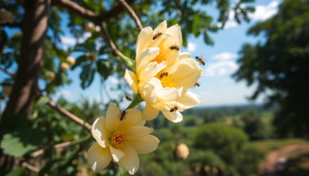 A close-up view of a banyan tree during its flowering stage, showcasing the intricate syconium filled with vibrant flowers. In the foreground, detailed blossoms open with soft, delicate petals in hues of cream and pale yellow, their textures glistening with dew. Bees and other pollinators are busy at work, drawn to the bright colors, creating a dynamic scene of nature's activity. The middle ground features the lush green leaves of the banyan tree, dappled sunlight filtering through, illuminating the syconium. In the background, hints of a serene landscape with blurred silhouettes of other trees under a clear blue sky, conveying a tranquil, lively atmosphere. Soft, natural lighting enhances the beauty and detail, focusing on the pollination process, shot from a low angle to emphasize the height and majesty of the banyan tree.