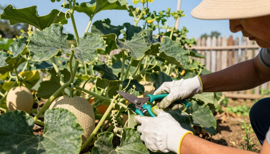 A close-up view of a gardener pruning cantaloupe foliage in a vibrant vegetable garden. In the foreground, the gardener, wearing a casual sun hat and gloves, carefully trims the lush green leaves with pruning shears, showcasing detailed plant structures such as tendrils and veins. In the middle ground, healthy cantaloupe plants are abundant, with ripe melons partially visible among the sprawling vines. The background features a sunny blue sky and a rustic wooden fence, casting soft shadows on the ground. Warm, natural lighting highlights the rich greens of the leaves and the orange hues of the ripe melons, creating an inviting and serene atmosphere that evokes the joy of gardening. The composition is focused with a slight depth of field, emphasizing the act of pruning in a thriving garden setting.