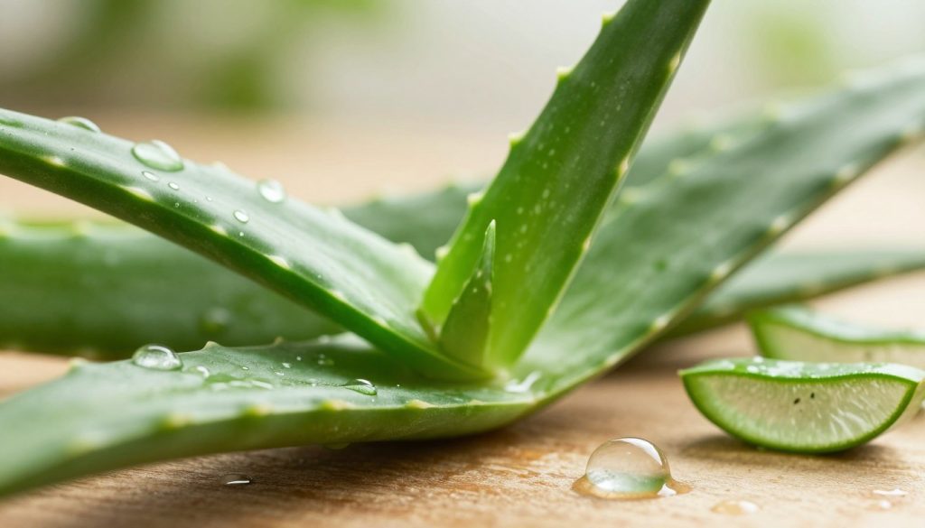 A close-up view of a vibrant aloe vera plant displaying its fleshy, thick leaves with a slight sheen, emphasizing its healing properties. In the foreground, droplets of fresh water glisten on the leaves, symbolizing moisture and vitality. The middle ground features the succulent's segmented leaves, showcasing the subtle texture and intricate detail of the plant, while a few small aloe vera gel droplets rest on a wooden surface nearby, highlighting its therapeutic qualities. The background is softly blurred with a warm, natural light filtering through, creating an inviting and serene atmosphere. The overall mood evokes a sense of health and well-being, perfect for understanding the benefits and characteristics of aloe vera. A close-up view of a vibrant aloe vera plant displaying its fleshy, thick leaves with a slight sheen, emphasizing its healing properties. In the foreground, droplets of fresh water glisten on the leaves, symbolizing moisture and vitality. The middle ground features the succulent's segmented leaves, showcasing the subtle texture and intricate detail of the plant, while a few small aloe vera gel droplets rest on a wooden surface nearby, highlighting its therapeutic qualities. The background is softly blurred with a warm, natural light filtering through, creating an inviting and serene atmosphere. The overall mood evokes a sense of health and well-being, perfect for understanding the benefits and characteristics of aloe vera.