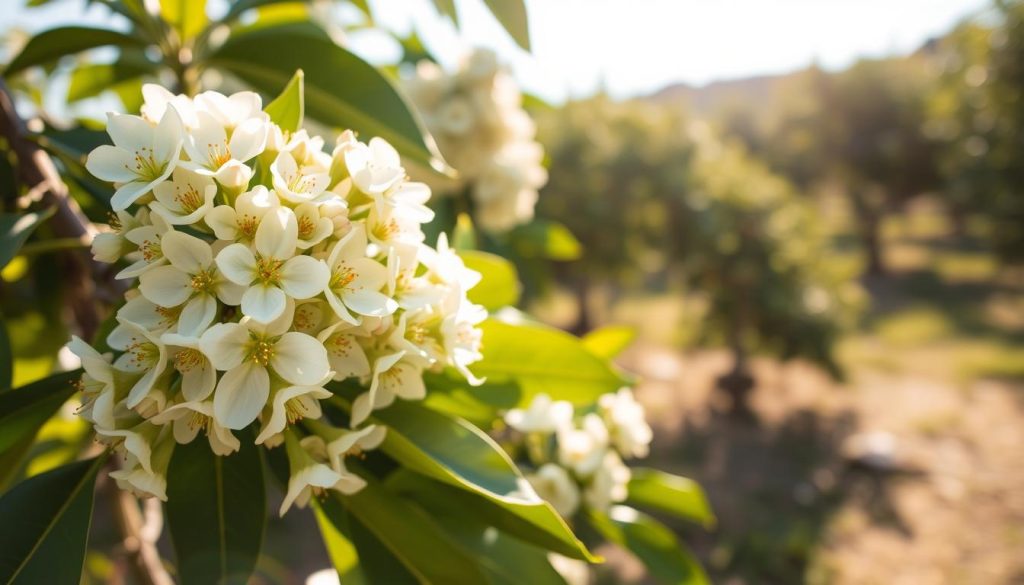 A close-up view of an avocado tree in full bloom during the flowering stage, showcasing delicate clusters of pale yellow and white flowers. In the foreground, focus on the intricate details of the blossoms, with soft petals slightly open, revealing their bright stamens. The middle ground features lush green leaves, creating a vibrant contrast against the flowers. In the background, a softly blurred avocado orchard extends into the distance, dappled with sunlight filtering through the branches. The lighting is warm and inviting, enhancing the serene atmosphere of a spring day. Capture the image at a slight upward angle to emphasize the tree's height and beauty, evoking a sense of wonder in nature's pollination process.