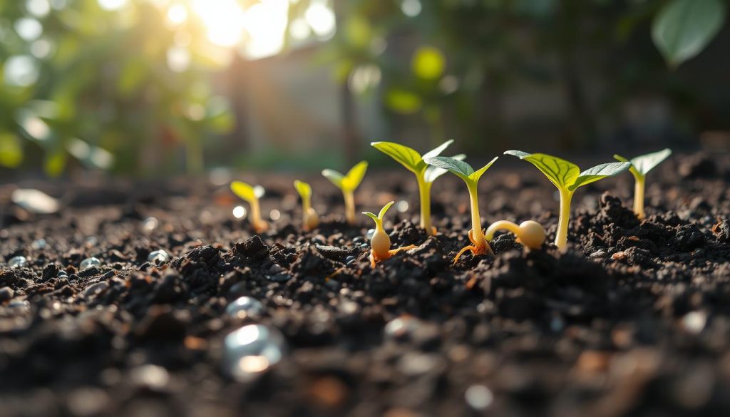 A close-up view of guava seeds germinating in rich, dark soil, showcasing tiny roots and delicate sprouts breaking through the surface. In the foreground, droplets of moisture glisten on the soil, enhancing the freshness of the scene. The middle ground features several young seedlings with vibrant green leaves, indicating early growth stages. In the background, a softly blurred garden setting with dappled sunlight filtering through leaves creates a warm and nurturing atmosphere. The lighting is soft and natural, reminiscent of a serene early morning, emphasizing the promise of new life. The composition uses a shallow depth of field, focusing on the germinating seeds while providing a gentle bokeh effect for a calming, inspirational mood.