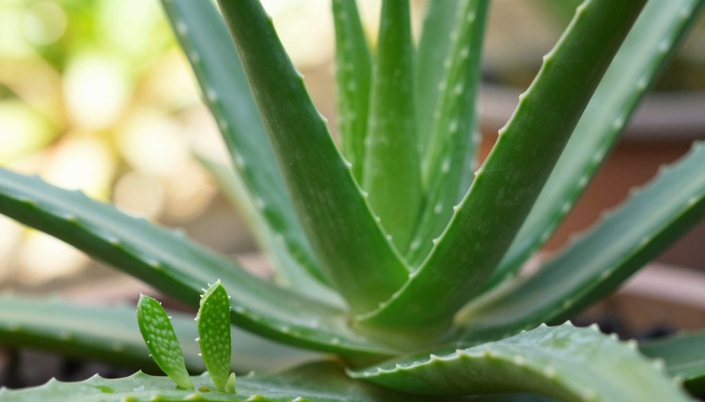 A close-up view of vibrant green aloe vera pups sprouting from the base of a mature aloe vera plant, showcasing their fleshy leaves with a glossy sheen. In the foreground, include a few small pups with intricate details of their texture and a bright, healthy appearance. In the middle ground, display the parent aloe plant, its large, sculptural leaves arching gracefully, providing a sense of depth. The background features a soft-focus garden setting with hints of sunlight filtering through, creating a warm and inviting atmosphere. The image should reflect a serene and nurturing mood, showcasing the beauty and vitality of aloe vera propagation. Utilize natural lighting to highlight the colors and shapes, with a shallow depth of field for an artistic touch. A close-up view of vibrant green aloe vera pups sprouting from the base of a mature aloe vera plant, showcasing their fleshy leaves with a glossy sheen. In the foreground, include a few small pups with intricate details of their texture and a bright, healthy appearance. In the middle ground, display the parent aloe plant, its large, sculptural leaves arching gracefully, providing a sense of depth. The background features a soft-focus garden setting with hints of sunlight filtering through, creating a warm and inviting atmosphere. The image should reflect a serene and nurturing mood, showcasing the beauty and vitality of aloe vera propagation. Utilize natural lighting to highlight the colors and shapes, with a shallow depth of field for an artistic touch.