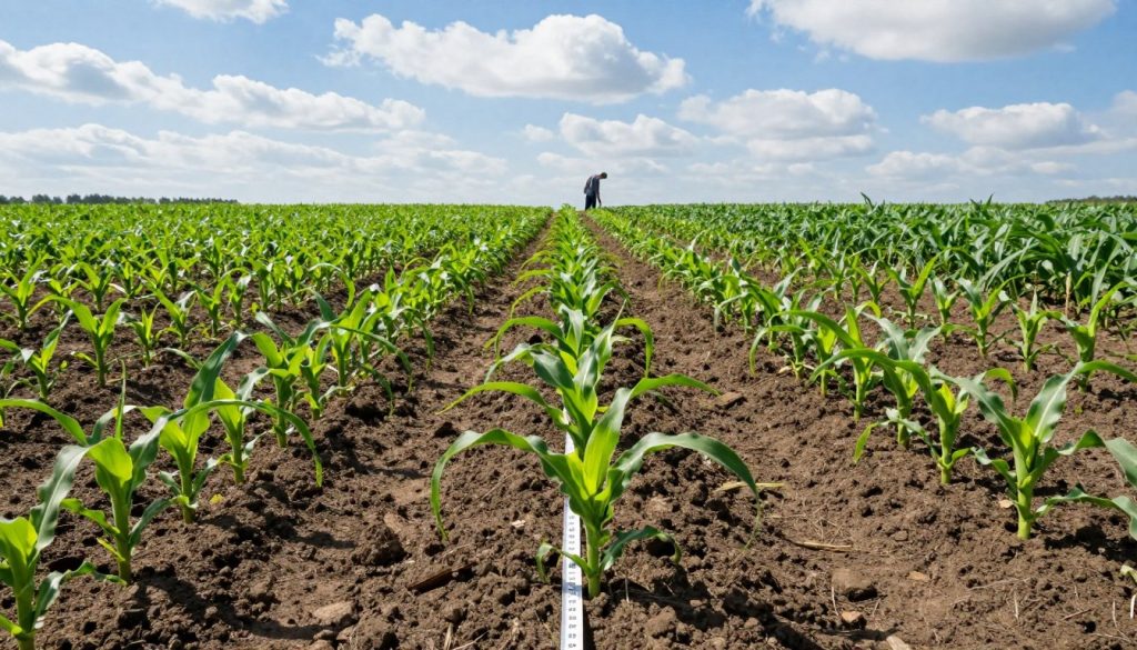 A detailed corn planting layout in a lush agricultural field, featuring rows of corn plants spaced evenly apart. In the foreground, show young corn shoots emerging from rich, dark soil, with measuring tape indicating ideal spacing of 30 inches between rows and 12 inches between plants. The middle ground presents a well-organized field layout with a farmer in modest casual clothing inspecting the plants, surrounded by green foliage. In the background, a bright blue sky with fluffy white clouds illuminates the scene, creating a vibrant and hopeful atmosphere. Use soft, natural lighting to enhance the colors of the plants and soil, shot from a low angle to emphasize the growth of the corn.
