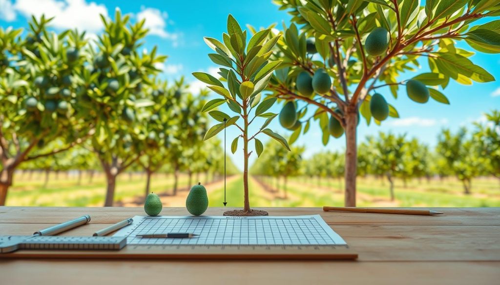 A detailed illustration of avocado tree growth metrics and measurements. In the foreground, include a neatly arranged set of measuring tools such as rulers, calipers, and graph paper, all depicting precise growth data. In the middle, an avocado tree at various stages of growth—seedling, young tree, and mature tree—showcasing height and branch spread. The background should feature a sunny orchard with additional avocado trees and a bright blue sky, creating a vibrant and inviting atmosphere. Use soft, natural lighting to highlight the vivid green leaves and the texture of the tree bark. The overall mood is educational and inspiring, perfect for beginners interested in horticulture.