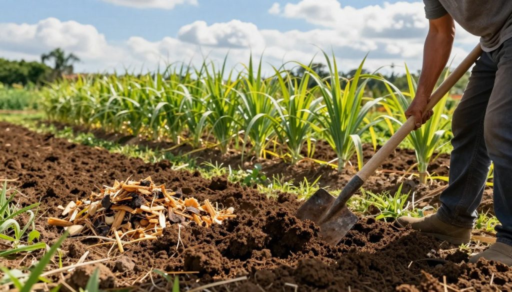 A lush garden scene focused on the preparation of soil for sugar cane planting. In the foreground, a gardener in modest casual clothing is using a spade to aerate dark, rich soil, showcasing the act of turning the earth. Nearby, freshly composted organic matter is neatly piled, ready to be mixed into the soil. In the middle ground, well-tended rows of vibrant green plants provide a contrast to the brown soil, indicating a productive garden. In the background, a clear blue sky with soft, fluffy clouds creates a serene atmosphere, while the warm sunlight casts gentle shadows, enhancing the garden's vibrant colors. The angle captures the scene from a slightly elevated perspective to highlight the gardener's work and the preparation process. A lush garden scene focused on the preparation of soil for sugar cane planting. In the foreground, a gardener in modest casual clothing is using a spade to aerate dark, rich soil, showcasing the act of turning the earth. Nearby, freshly composted organic matter is neatly piled, ready to be mixed into the soil. In the middle ground, well-tended rows of vibrant green plants provide a contrast to the brown soil, indicating a productive garden. In the background, a clear blue sky with soft, fluffy clouds creates a serene atmosphere, while the warm sunlight casts gentle shadows, enhancing the garden's vibrant colors. The angle captures the scene from a slightly elevated perspective to highlight the gardener's work and the preparation process.