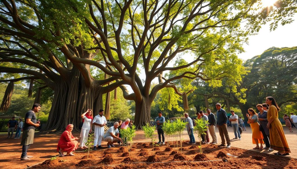 A lush, vibrant banyan tree standing majestically at the center of a community park, with its expansive aerial roots cascading down like natural sculptures. In the foreground, a diverse group of community members, dressed in modest casual clothing, work together to plant young banyan seedlings in rich soil, symbolizing conservation efforts. The middle ground features a sun-drenched area with volunteers tending to thriving banyan saplings, clear sky overhead illuminating the scene with golden sunlight. In the background, other banyan trees create a serene canopy, showcasing the beauty of nature. The overall atmosphere is one of teamwork and dedication to sustainability, with a soft focus on the emotional bonds formed among the community as they protect this majestic species.