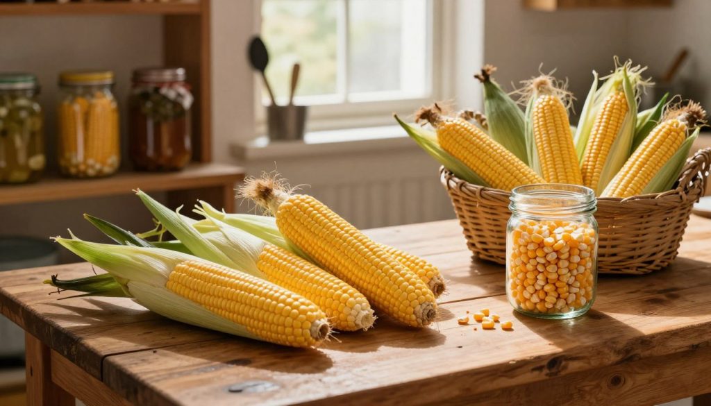 A rustic kitchen scene showcasing freshly harvested corn being stored and preserved. In the foreground, a wooden table is laden with vibrant, golden corn ears, arranged neatly with some still in their husks. To the right, a glass jar filled with corn kernels sits next to a basket brimming with unprocessed ears. In the middle, a window allows soft, warm sunlight to stream in, illuminating the natural textures of the wood and the fresh produce. In the background, shelves display various preservation jars and other gardening tools, enhancing the homely feel. The angle is slightly overhead, capturing the entire setup while creating a cozy atmosphere, evoking a sense of care and tradition in preserving harvests.