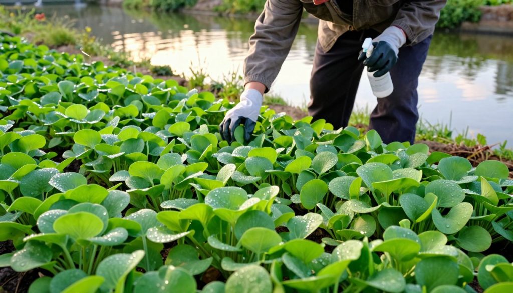 A serene watercress garden scene focused on pest control, featuring lush, vibrant watercress plants in the foreground, their bright green leaves glistening with dew under soft sunlight. In the middle, a gardener, dressed in modest outdoor attire, is actively inspecting the plants for pests, holding an organic spray bottle and wearing protective gloves. The background reveals a tranquil pond with gentle ripples reflecting the sky, bordered by natural vegetation. The image has a warm, inviting atmosphere, highlighting a sense of care and diligence in managing the garden. The lighting is soft, enhancing the vivid colors and creating a peaceful yet active setting, captured from a slightly elevated angle to showcase the entire scene harmoniously.