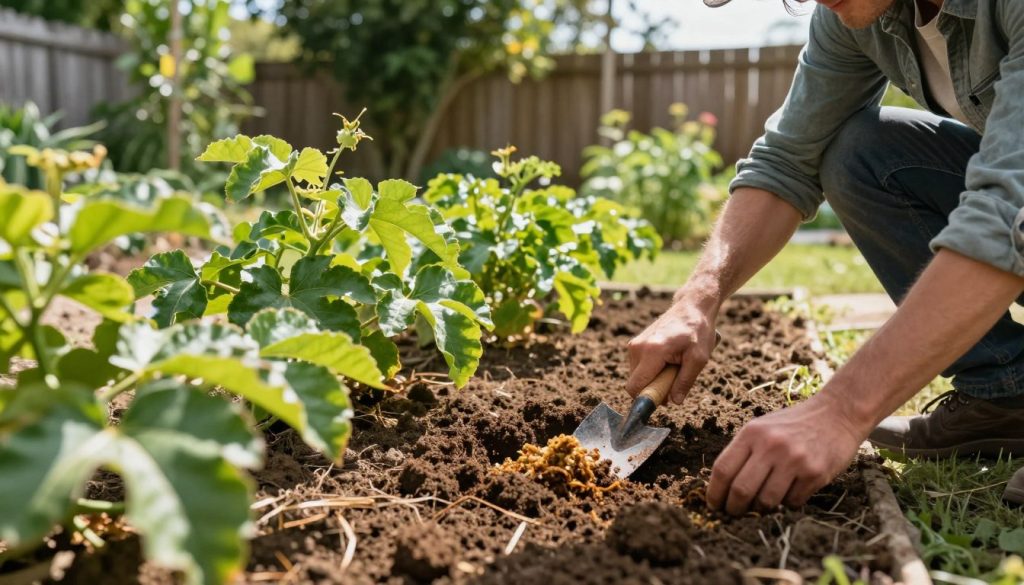 A sunny garden scene focused on preparing soil for passion fruit cultivation. In the foreground, a gardener in modest casual clothing is kneeling beside a rich, dark soil bed, using a hand trowel to mix compost into the soil. The middle ground features vibrant green passion fruit vines, with large, glossy leaves framing the scene. In the background, a wooden fence and lush garden trees provide a sense of depth and tranquility. Soft, natural lighting highlights the textures of the soil and plants, casting gentle shadows. The atmosphere is lively and optimistic, suggesting a promising start for a thriving garden. Shot at a slight angle to capture both the gardener’s effort and the beauty of the planting area, creating a warm and inviting scene.