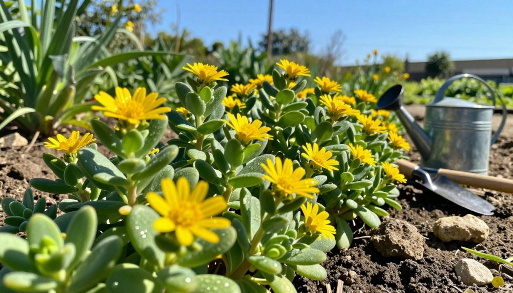 A thriving patch of purslane plants in a sunny garden setting, showcasing their fleshy, green leaves and vibrant yellow flowers. In the foreground, focus on the succulent leaves with dew drops reflecting sunlight, creating a fresh morning atmosphere. In the middle ground, clusters of purslane thrive on well-drained soil, surrounded by a few small stones and garden tools like a trowel and watering can, indicating an engaged gardener. The background features a clear blue sky and an array of garden greenery, evoking a sense of warmth and vitality. Use bright, natural lighting to illuminate the scene, capturing the essence of ideal growing conditions for purslane. The angle should be slightly elevated to provide a comprehensive view of the flourishing plants and their environment, immersing viewers in the beauty of a well-maintained garden.