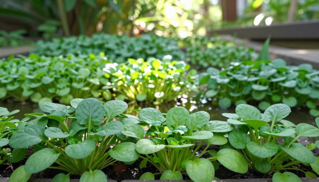 A vibrant display of various watercress varieties, showcasing their lush green leaves. In the foreground, a cluster of watercress plants with differing leaf shapes and sizes—some with round leaves, others with elongated tips—sitting delicately in a small garden bed. The middle ground features more watercress plants thriving in a shallow water setting, highlighting their unique adaptability to aquatic environments. In the background, soft sunlight filters through a canopy of trees, creating dappled light effects across the scene. Capture the freshness of the setting with sharp focus on the watercress, while the background remains slightly blurred to emphasize the subject. The mood is serene and natural, conveying a sense of vitality and growth, perfect for illustrating the basics of watercress varieties.