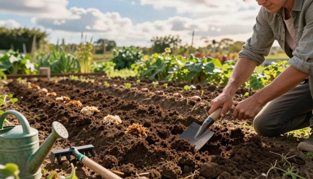 A vibrant garden scene depicting the meticulous preparation of soil for sweet potatoes. In the foreground, a gardener in modest casual attire kneels, using a hand trowel to aerate the rich, dark soil. Surrounding them are various gardening tools like a rake and a watering can, adding depth. In the middle ground, freshly turned rows of soil are neatly arranged, some filled with compost and organic matter, showcasing a healthy growing environment. In the background, a variety of green plants and a blue sky with soft, fluffy clouds complete the idyllic atmosphere. The lighting is warm and inviting, suggesting a late afternoon sun, casting gentle shadows to enhance the textures of the earth. Aim for a natural, earthy mood, emphasizing the care and effort put into preparing the garden for planting.