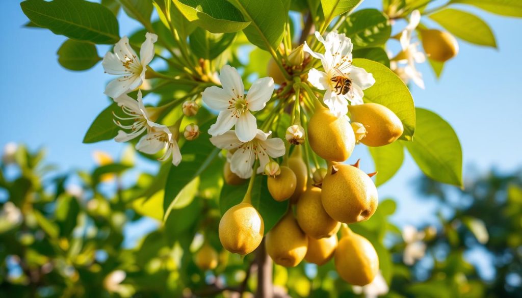 A vibrant guava tree in full bloom, showcasing delicate white flowers with prominent yellow stamens, surrounded by rich green leaves. In the foreground, a mix of newly formed guava fruit, some small and unripe, others ripe and ready for harvest, hangs from the branches. The middle ground features a honeybee pollinating the flowers, capturing the essence of the flowering and fruit production process. In the background, a clear blue sky contrasts with the lush foliage, highlighting the natural habitat. Soft, warm lighting bathes the scene, creating a serene and inviting atmosphere. A shallow depth of field focuses on the flowers and fruit while gently blurring the background, enhancing the details and beauty of the guava tree in its productive stage.