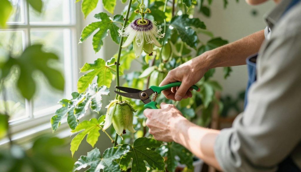 A vibrant indoor garden scene focused on a skilled gardener pruning a lush passion fruit vine. The gardener, wearing modest casual clothing, stands in the foreground, carefully trimming the vines with sharp pruning shears. In the middle ground, the passion fruit vine is adorned with green leaves and bright, ripe fruits hanging tantalizingly. The background features a sunlit window with soft, natural light streaming in, casting gentle shadows that enhance the verdant atmosphere. The overall mood is serene and productive, highlighting the importance of maintenance in a thriving garden. Use a close-up angle to emphasize the details of the vine and the gardener's actions, with a shallow depth of field to softly blur the background elements, creating focus on the pruning process.
