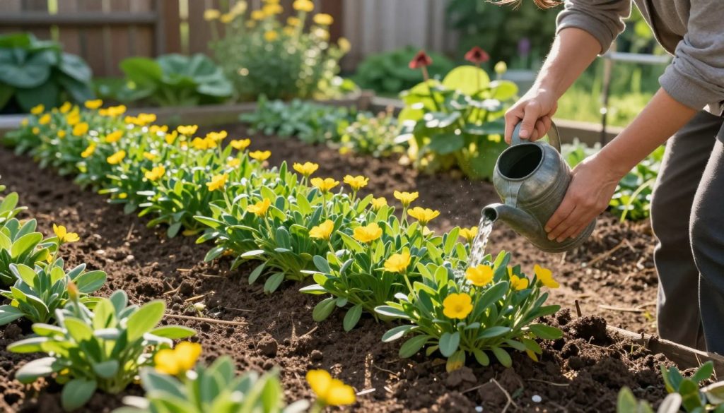 A vibrant purslane garden in full bloom, showcasing lush green leaves and yellow flowers. In the foreground, a person in modest casual clothing carefully tends to the plants, gently watering them with a can, radiating a sense of care and connection. The middle ground features rich, textured soil with tidy rows of purslane thriving under bright sunlight, casting soft shadows. In the background, a tranquil garden setting with a wooden fence and a variety of leafy plants creates a serene atmosphere. The scene is illuminated by warm, golden hour lighting, enhancing the green hues and creating a peaceful, nurturing mood, perfect for illustrating the essence of caring for a purslane garden.