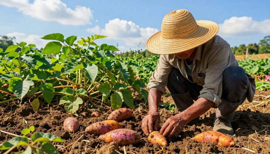 A vibrant scene of harvesting sweet potatoes in a sunlit garden. In the foreground, a farmer in a sturdy straw hat and modest work attire kneels in rich, dark soil, hands digging to uncover plump, purplish-orange sweet potatoes. Their earthy, rustic texture contrasts against the vibrant greens of the surrounding foliage. The middle ground features a variety of lush sweet potato vines, with bright green leaves interspersed with soft brown earth. In the background, a clear blue sky frames the scene, dotted with a few fluffy white clouds, while warm sunlight bathes everything in a golden glow, creating an inviting and nostalgic atmosphere. Capture this moment from a slight low angle to emphasize the connection to the earth and nature.